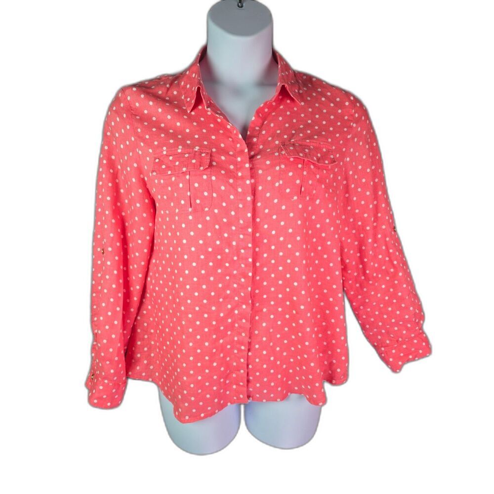Charter Club Linen Blouse Coral PXL Polka Dot Roll Tab Sleeves Pockets
